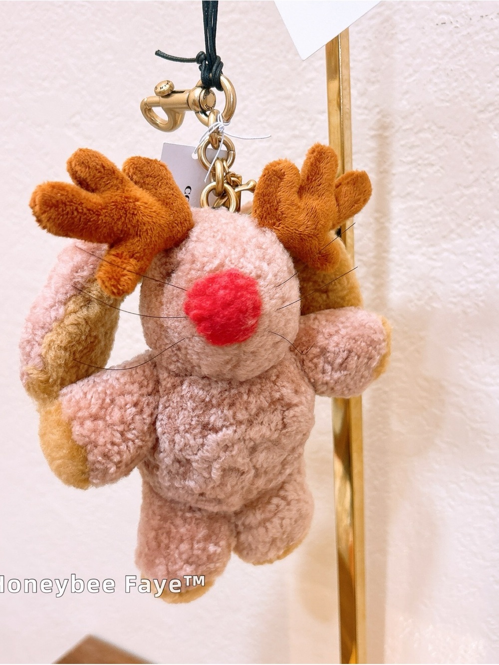 NWT Coach Floppy With Antlers Bag Charm In Shearling CDK91 Brass/Multi